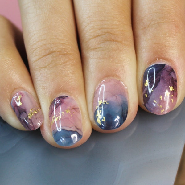 Midnight Marble Nail Wraps with Gold Flake Accents • Blue Watercolor Nails • Purple Marble Nails • Abstract Nails