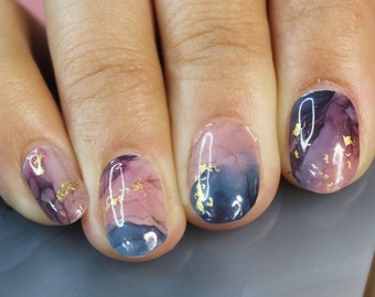 Midnight Marble Nail Wraps with Gold Flake Accents • Blue Watercolor Nails • Purple Marble Nails • Abstract Nails