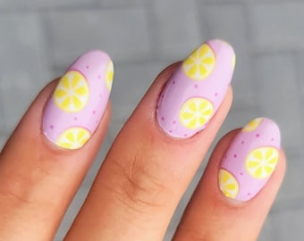 Purple Lemon Nail Wraps, Bright Purple Nail Strips with Sliced Lemon Fruits Design, Fruit Nail Art Design , Summer Nail Wraps