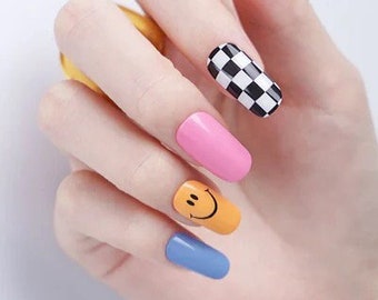 90s Kid Semicured Gel Nail Wraps | Fun Rainbow Gradient Nail Wraps | Happy Face Nail Design | Retro Checkered Neon Pink Ying Yang