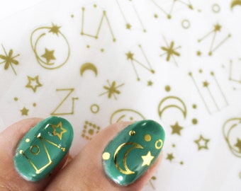 Celestial Moon and Star Nail Decals; 3D Metallic Gold Nail Art Stickers, Hanukkah Nails