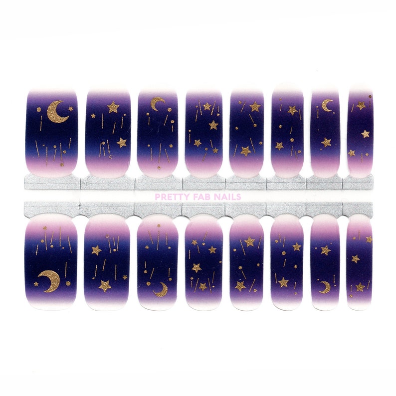 Celestial Nail Polish Wraps Purple Ombre Nails Midnight Sky Nail Strips Gold Star Nail Decals image 3