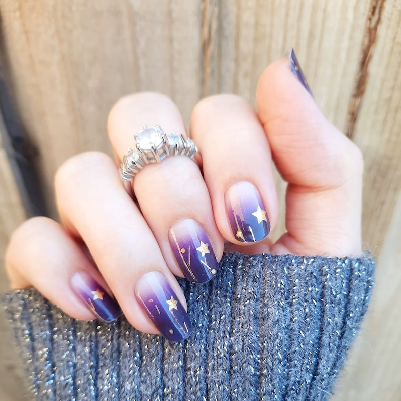 Celestial Nail Polish Wraps Purple Ombre Nails Midnight Sky Nail Strips Gold Star Nail Decals image 1