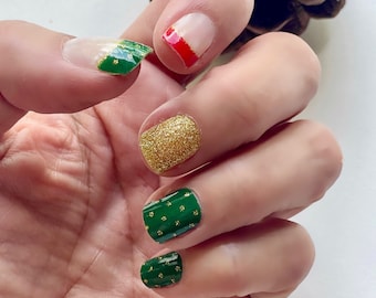 A Very Frenchy Christmas, Winter Nail Wraps, Christmas Holiday Nail Wraps, Red, Green, Gold Glitter Nail Polish Strips • Pretty Fab Nails
