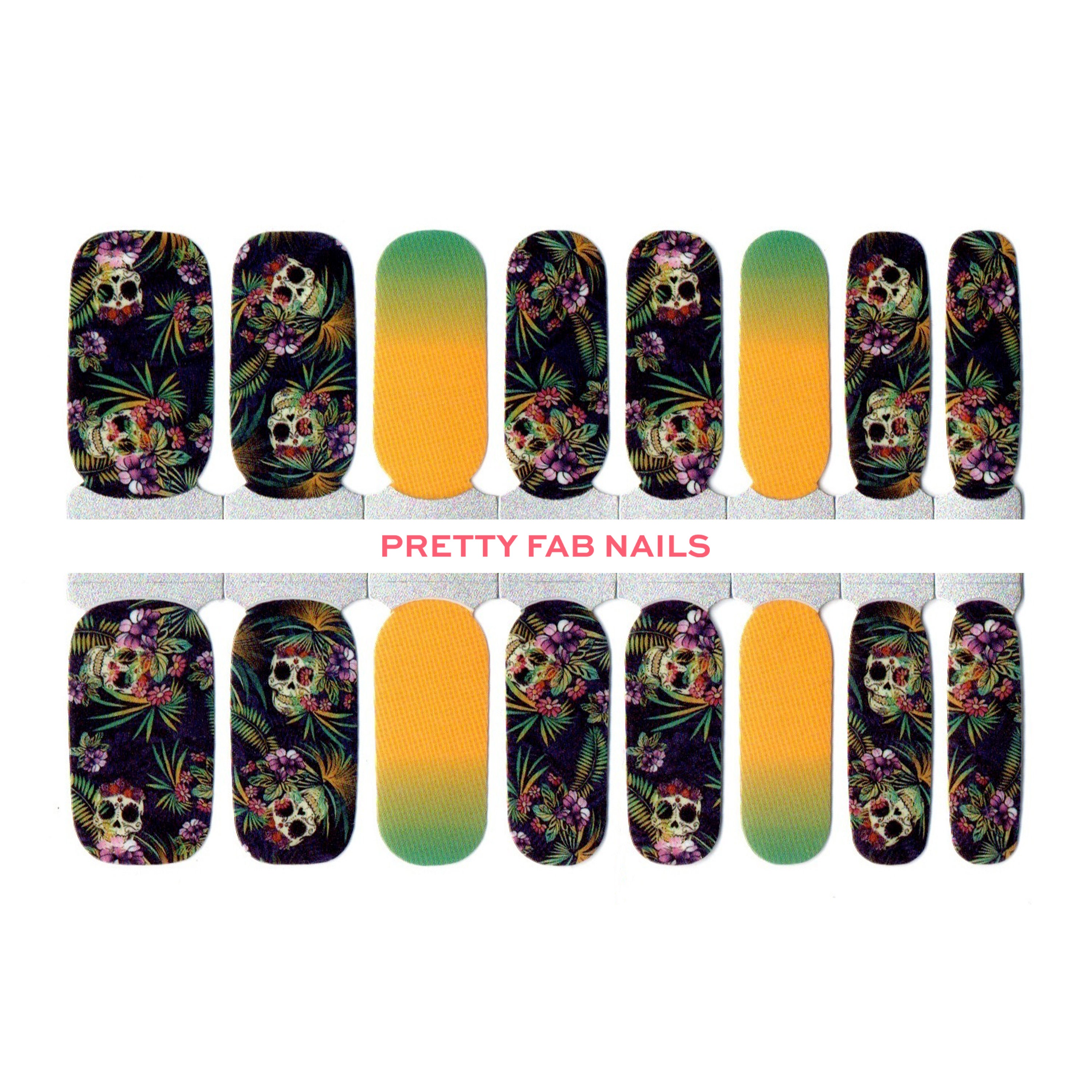 Pasaje | Tropical Flora and Skulls Nail Art | Green and Yellow Ombre Nails | Trendy Nails  | Halloween Nails 2022 | Easy Nail Art Nail Strip