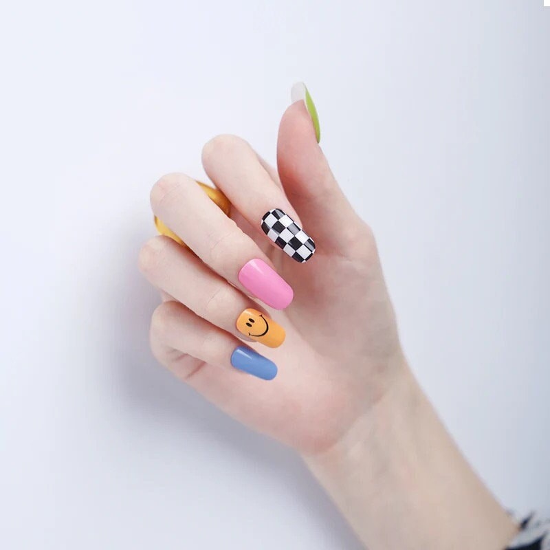 90s Kid Semicured Gel Nail Wraps | Fun Rainbow Gradient Nail Wraps | Happy Face Nail Design | Retro Checkered Neon Pink Ying Yang