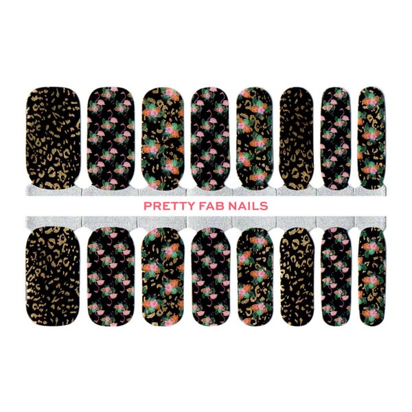 Wild Night | Cheetah Print Nail Art | Tropical Floral Nail Design | Black Leopard Nails | Flamingo Nail Art