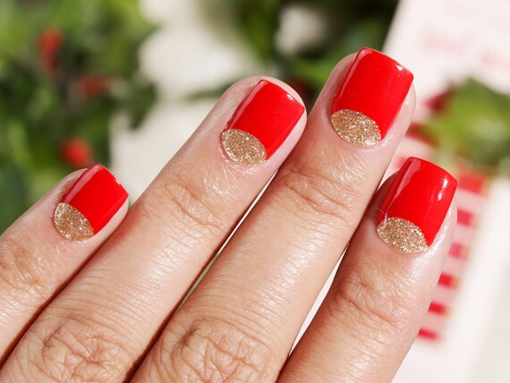 Red And Glitter Gold Half Moon Nail Wraps Deluxe Nail Strips Etsy