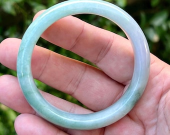 Certified Grade A Burmese Jadeite Bangle: Icy Imperial Green, Milky White Jade Swirls (58mm)