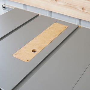 Puede incluir: Una sierra de mesa gris con un panel de inserci&oacute;n de madera. El panel tiene un agujero en el centro y est&aacute; rodeado por una superficie gris.