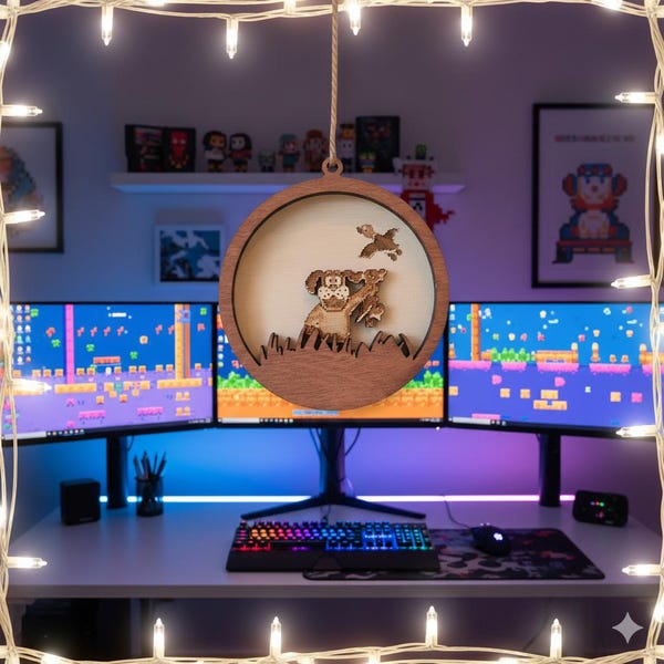 Gamer Ornament, Duck Hunt Christmas Decor, Retro Video Game Gift for Him, 8-Bit Pixel Art, Rustic Wood Laser Cut, Stocking Stuffer