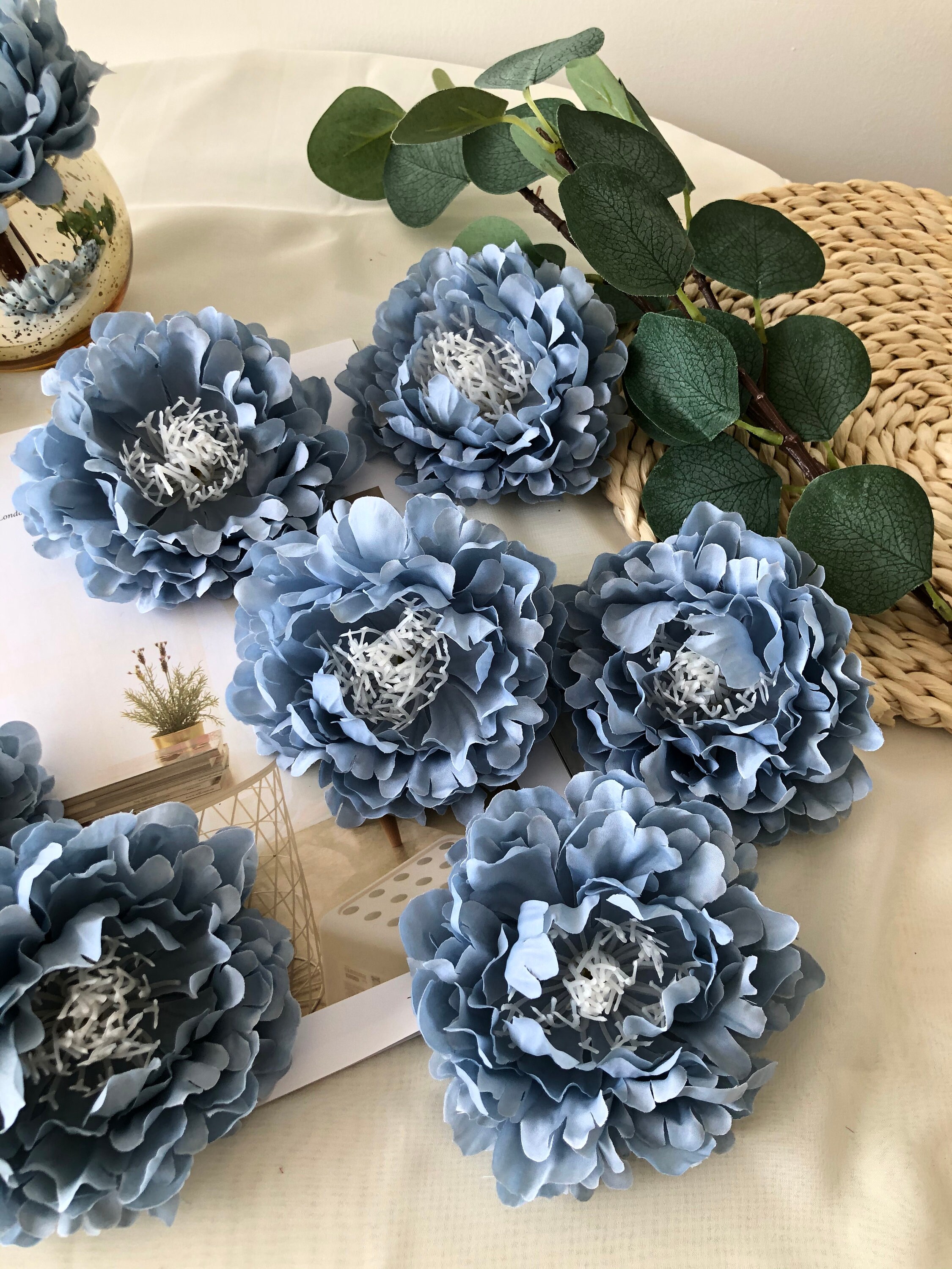 Pack of 10 Dusty Blue Artificial Peony Silk Flowers Big Head Etsy