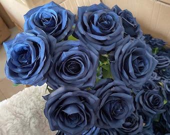 10pcs Artificial Navy Blue Rose Stem Navy Silk Rose Artificial Silk Roses for Wedding Bouquets Home Office Decoration