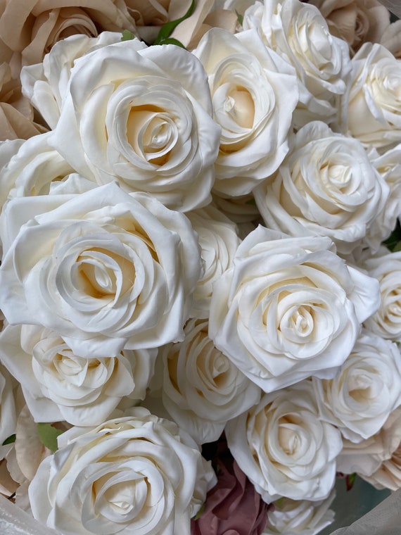 10-100pcs Ivory Roses Fake Flower Heads in Bulk Wholesale Dusty