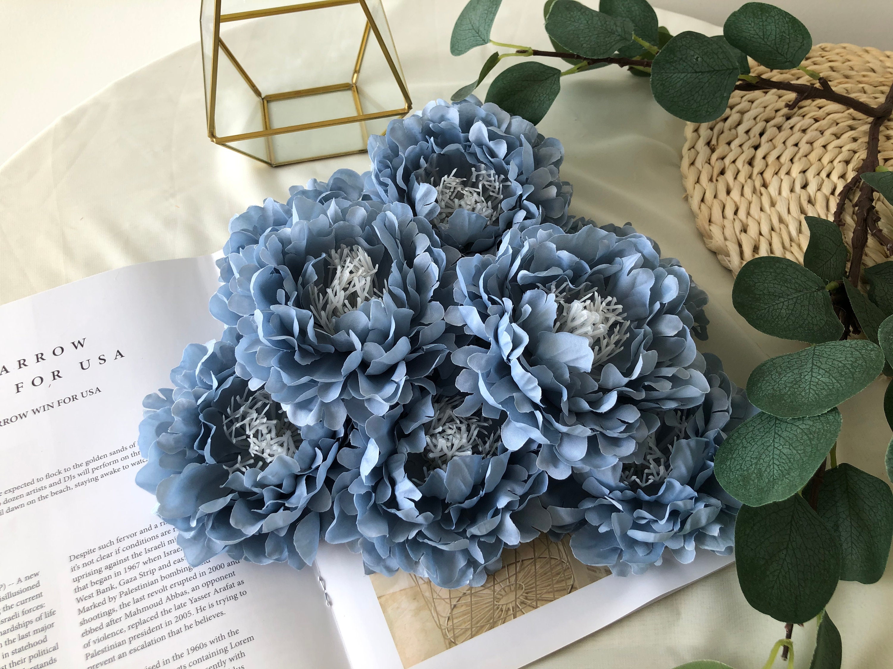 Pack of 10 Dusty Blue Artificial Peony Silk Flowers Big Head Etsy