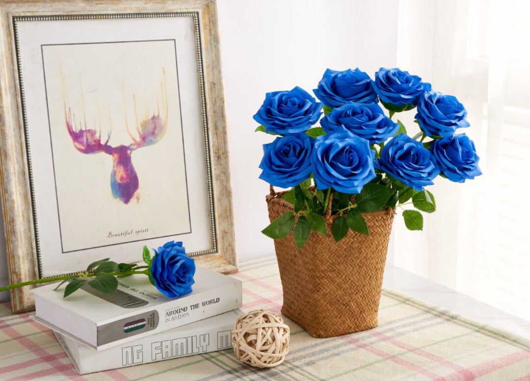 Royal Blue Silk Rose With Long Stems 10pcs Artificial Blue Etsy