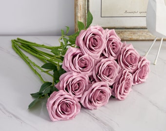 10pcs Artificial Dusty Mauve Flowers Mauve Silk Rose with Long Stems for Bouquets Wedding Arrangements Birthday Party Decoration