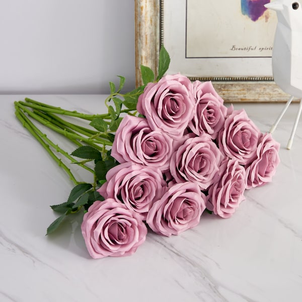 10pcs Artificial Dusty Mauve Flowers Mauve Silk Rose with Long Stems for Bouquets Wedding Arrangements Birthday Party Decoration