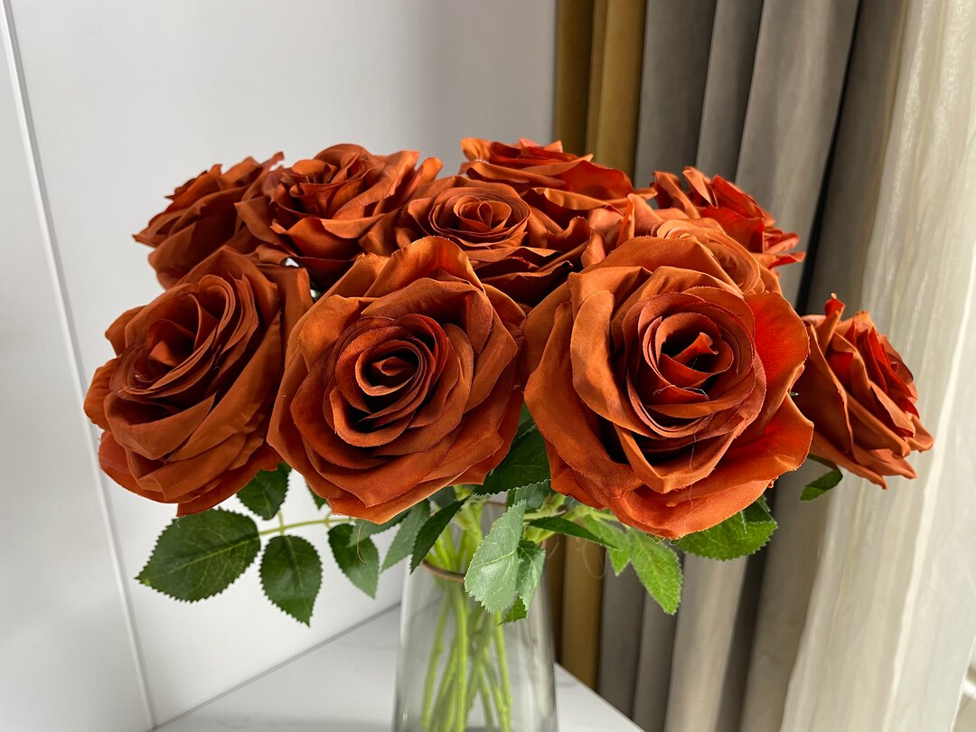 10pcs Burnt Orange Artificial Rose With Long Stems Fake Flowers Rust