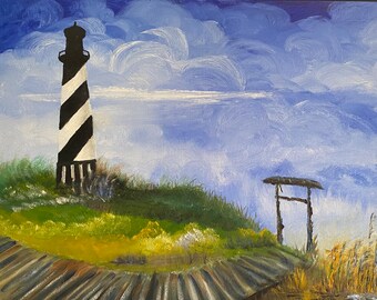 Oil Painting of HATTARAS Lighthouse in Original Location by Catherine Ludwig Donleycott