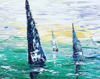 THREE SHIPS SAILING  Oil painting on Canvas | Original Abstract Impressionistic  Palette Knife