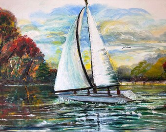 Large Oil Painting | Original Framed Sailboat | SAIL AWAY with ME by Catherine Ludwig Donleycott