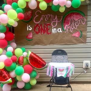 One in a Melon Birthday Banner – Hand-Painted 1st Birthday Sign – Watermelon Theme Party Decor – Custom Baby Girl First Birthday Backdrop