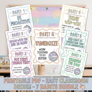 May include: A set of seven printable posters featuring the 7 Habits with disco ball illustrations. Each poster has a wavy border and text including Habit 1 Be Proactive, Habit 2 Begin With The End In Mind, Habit 3 Put First Things First, Habit 4 Think Win-Win, Habit 5 Seek First To Understand Then To Be Understood, Habit 6 Synergize, and Habit 7 Sharpen The Saw.