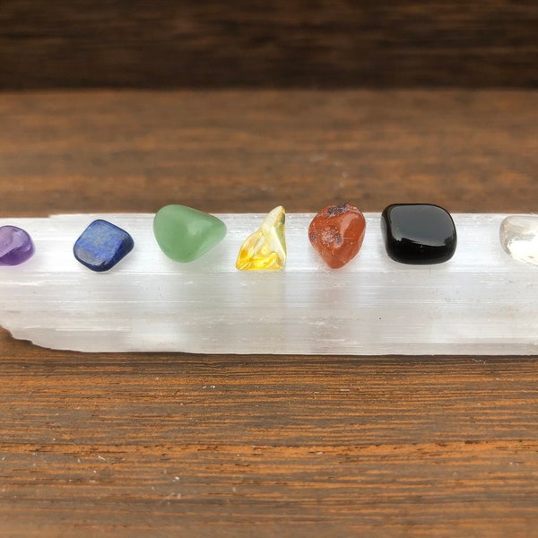 Mini Chakra Stone Set + Selenite Charging + FREE Velvet Bag | smaller reiki crystals, rainbow, natural, gemstone, seven stones, tumbled