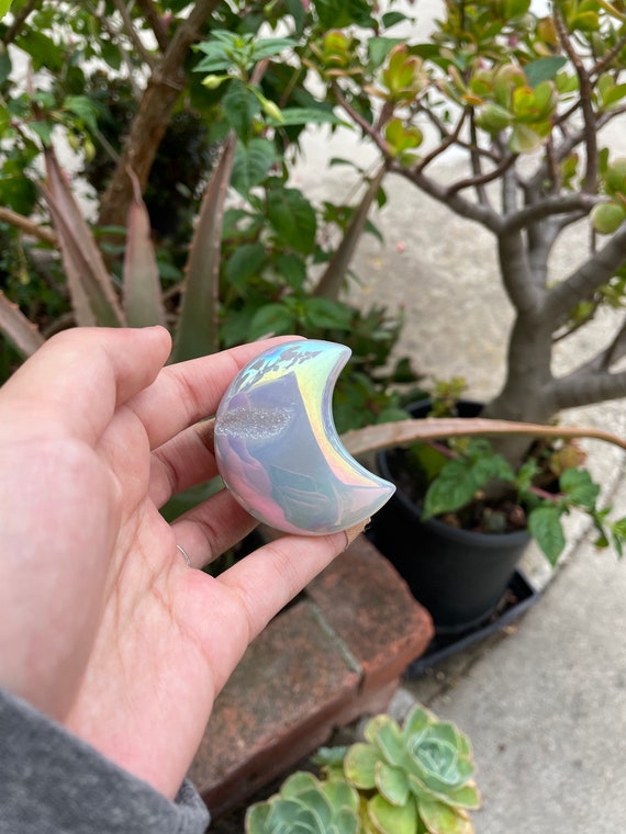 angel aura druzy agate moon || rainbow flashy crystal, display gemstone