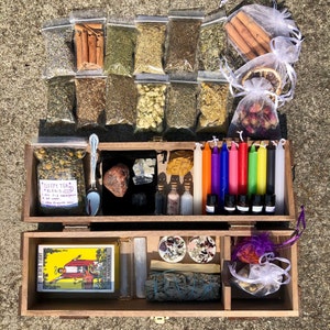 LARGE VALUE Starter Witchcraft Kit for Beginners || Free Shipping, every herbs, jars, candles, essential oils, grimoire pages, crystals, box