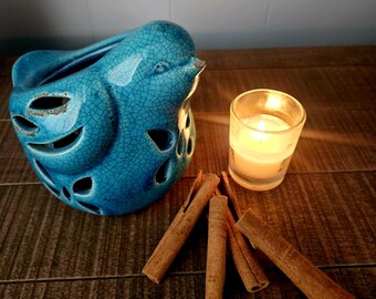 Bird Votive Holder, Crackle Glaze Turquoise
