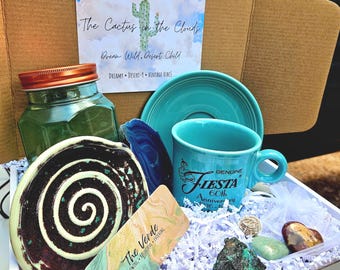 Artisan Gift Bundle, As Shown...Crystals, Vintage Mug and Saucer, Handmade Pottery Spoon Rest