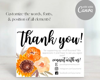 Thank You For Your Order, Etsy Thank You Card, Small Business Thank You, Fall Thank You, Thank You Template, Fall Florals, Fall Decor,Flower