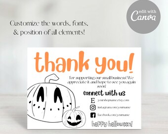 Thank You For Your Order, Etsy Thank You Card, Small Business Thank You, Fall Thank You, Thank You Template, Pumpkin Outline, Fall Decor