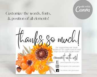 Thank You For Your Order, Etsy Thank You Card, Small Business Thank You, Fall Thank You, Thank You Template, Fall Florals, Fall Decor,Flower