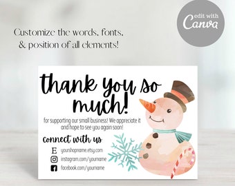 Thank You For Your Order, Etsy Thank You Card, Small Business Thank You, Snowman Thank You, Thank You Template, Christmas, Holiday Thank You