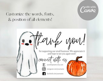Thank You For Your Order, Etsy Thank You Card, Small Business Thank You, Fall Thank You, Thank You Template, Ghost, Pumpkin, Halloween