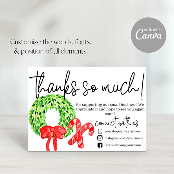 Thank You For Your Order, Etsy Thank You Card, Small Business Thank You, Wreath Thank You, Thank You Template, Christmas, Holiday Thank You