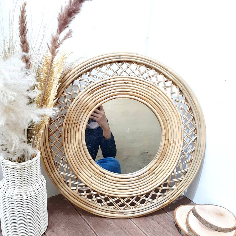 Round Rattan Mirror Boho Style Decor Wall Hanging Etsy
