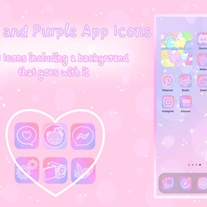 Peut inclure: Un écran de téléphone rose et violet avec 28 icônes d'applications. Les icônes sont disposées en grille et ont une palette de couleurs pastel. L'arrière-plan est un dégradé de rose et de violet avec des étoiles blanches.