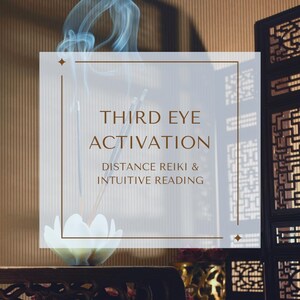 May include: A white lotus flower sits on a wooden table with incense sticks burning. The smoke curls up in the air. The text on the image reads "Third Eye Activation Distance Reiki & Intuitive Reading".