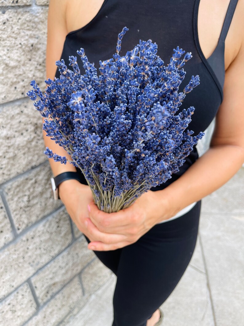 Puede incluir: Un ramo de flores de lavanda secas en tonos de morado y azul. Las flores est&aacute;n atadas con una cuerda natural y las sostiene una persona.