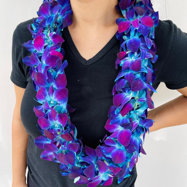 Fresh Orchid Lei - Double Thickness - Handmade Orchid Lei - Blue Vibrant Fresh Hand Crafted Orchid Leis - Graduation Leis