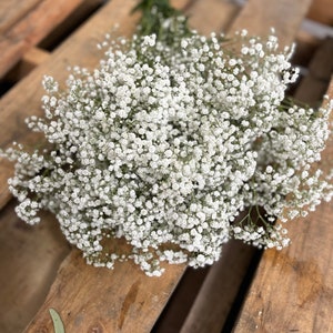 Puede incluir: Un ramo de flores blancas de aliento de beb&eacute; sobre una superficie de madera.