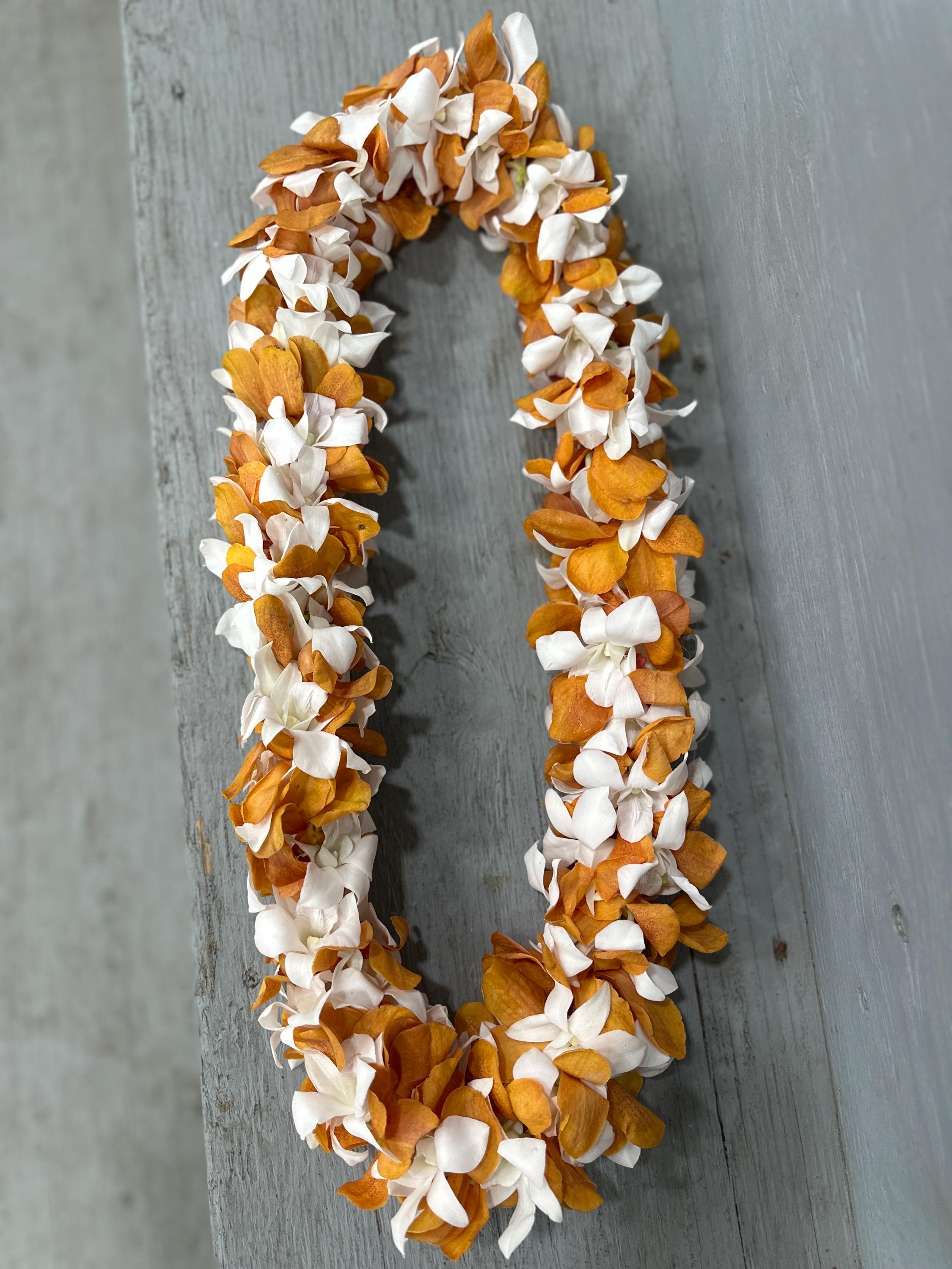 Fresh Orange & White Orchid Lei: Double Thickness, Handmade