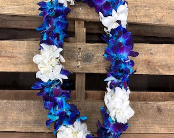 Handmade Blue & White Dendrobium Orchid Lei - Double Thickness