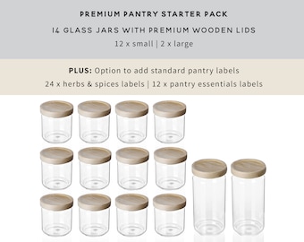 Modern Premium Pantry Starter Pack - 14 glass jars with wood lids in various sizes | Housewarming gift | Option to add pantry labels pack