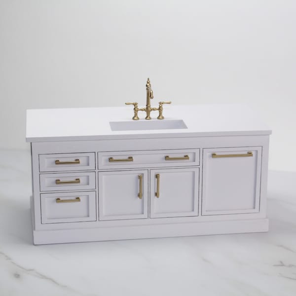 Monica Farmhouse Kitchen Island - 1:12 Dollhouse Miniature - Cream White Base and Top with Gold Hardware