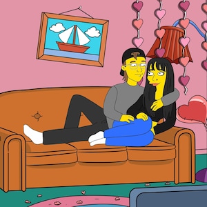 Gelbe Karikatur Benutzerdefinierte Porträt, Paar Porträt, Familienzeichnung, Lustige personalisierte Cartoon Illustration, Jahrestag, Geburtstag, Valentinstag